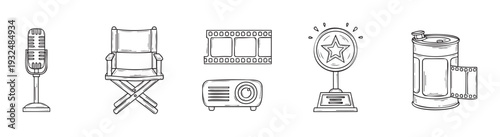 A versatile collection of detailed movie and audio production icons featuring a microphone, director chair, film strip, projector, and award for multimedia and event graphics.