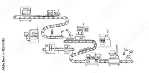 Automated factory production line showcasing various industrial machines, conveyor belts, and robotic arms for manufacturing and packaging processes, suitable for technology and business