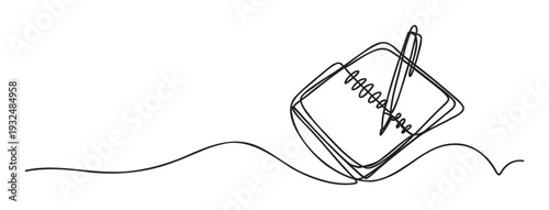 Continuous line drawing of a notebook and pen on a wavy surface conveying ideas for learning education planning or journaling for various business and personal applications