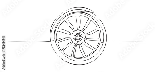 Minimalist continuous line drawing of an automotive wheel with multiple spokes, ideal for representing vehicle technology, manufacturing innovation, or automotive industry branding in