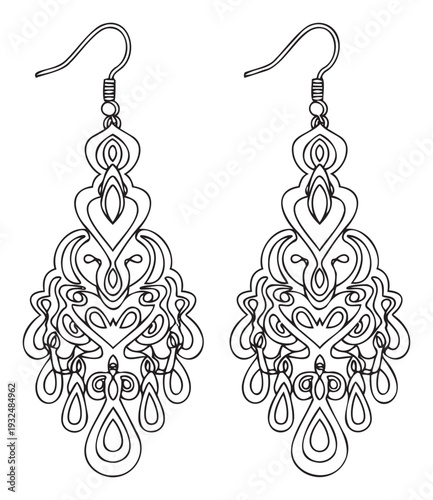 Elegant black and white line drawing of ornate dangle earrings featuring intricate symmetrical patterns perfect for jewelry catalogs coloring book activities or craft inspiration
