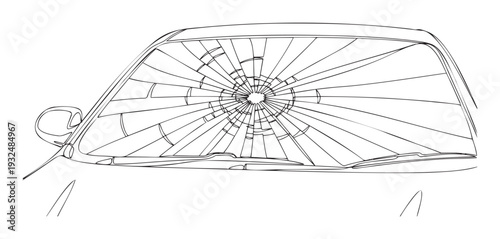 Line drawing of a broken car windshield with spiderweb cracks, representing damage, accidents, or insurance claims, suitable for automotive graphics and safety presentations