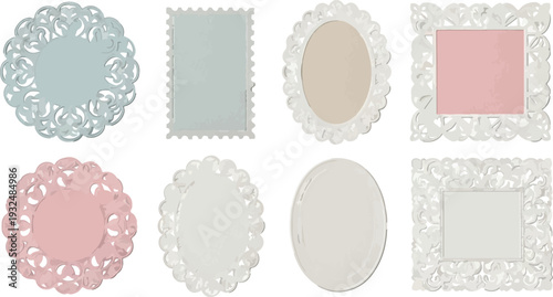Set of 8 Pastel Paper Lace Doilies and Decorative Frames isolated PNG with Transparent Background