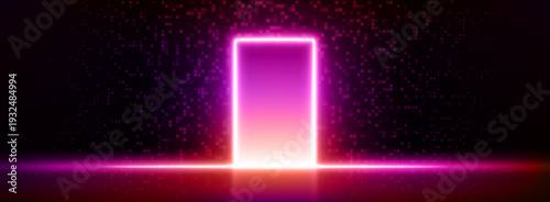 Futuristic digital door glowing with red neon light, abstract vector background. Opened cyber portal or gate with pixel glitch effect, high tech entrance or exit concept