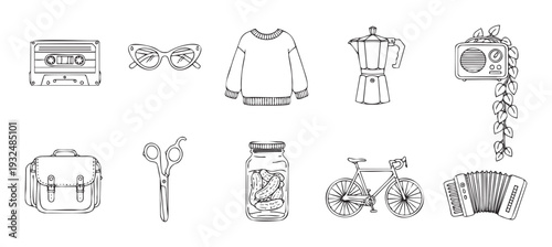 Outline collection of everyday objects like cassette, sunglasses, sweater, moka pot, radio, satchel, scissors, pickles, bike, and accordion, suitable for graphic design projects.