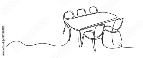 Continuous line drawing of a modern dining table and six chairs, ideal for home decor visuals, architectural plans, or minimalist interior space visuals.
