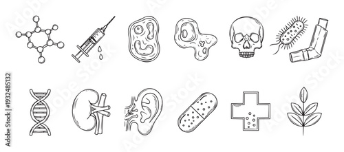 Essential medical and biological science hand drawn icons featuring DNA, human anatomy, cells, syringe, capsule, bacteria, and natural plant for healthcare concepts and educational