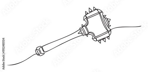 Continuous line drawing of a formidable spiked mace, an iconic medieval weapon, perfect for historical themes, gaming graphics, or symbolic representations of power and strength
