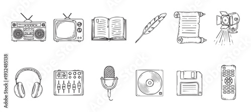 Media and communication icons featuring classic television, audio devices, writing tools, and data storage solutions for modern learning platforms and entertainment applications.