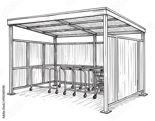 Shopping cart shelter providing convenient storage and organization for retail establishments and supermarkets, perfect for store facility signage.