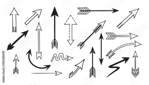 Diverse collection of hand drawn arrow indicators and direction symbols perfect for user interface guides, navigational tools, and creative graphic projects
