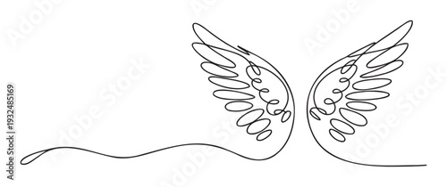 Minimalist black line drawing of elegant ethereal wings conveying freedom and spiritual upliftment, perfect for modern logo creation, branding materials, or graphic web elements