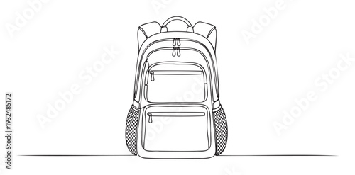 Continuous line drawing of a versatile school or travel backpack featuring multiple compartments and a minimalist aesthetic, suitable for educational resources, promotional materials, or