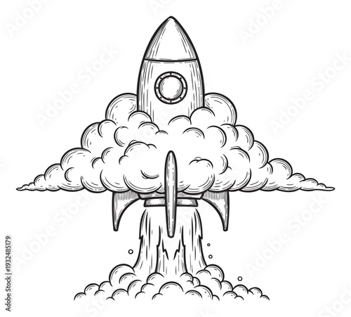 Classic hand drawn rocket launching into the sky with thick plumes of smoke and powerful exhaust, suitable for branding, educational materials, and product packaging