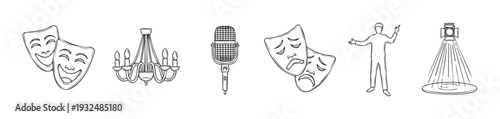 Classic theater and music icons like comedy and tragedy masks, an elegant chandelier, vintage microphone, gesturing actor, and stage spotlight for drama and entertainment graphics.