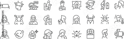 Set of outline icons related to sickness, illness, disease. Linear icon collection. Editable stroke. Vector