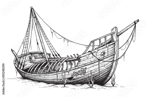 An old decaying wooden shipwreck rests on a sandy bottom, showcasing broken masts and rigging, perfect for maritime history themes, adventure game graphics, or educational publications.