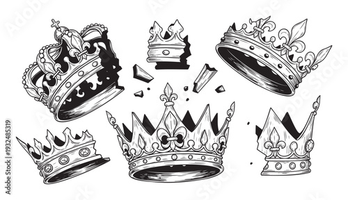 Collection of various royal crowns in a classic engraving style, some broken or shattered, symbolizing downfall or lost power, perfect for historical publications or fantasy themed projects.