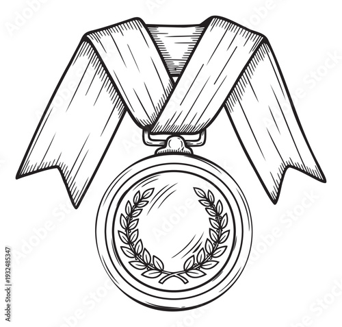 Vintage style medal with a laurel wreath emblem suspended from a draped ribbon, representing triumph, honor, and top achievement for awards or certificates.