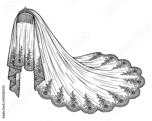 Elegant bridal wedding veil with intricate lace and a decorative comb, perfect for wedding stationery, event promotions, or bridal fashion designs