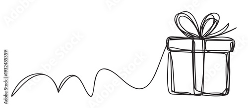 Simple continuous line drawing of a gift box with a ribbon bow, perfect for holiday season greetings, birthday celebrations, or event invitations and marketing materials