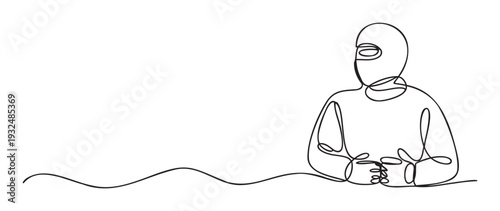 Abstract one line art illustration of an anonymous individual in a full face mask drinking from a cup, ideal for modern website graphics, app interfaces, or creative design projects.