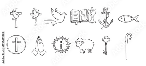 A collection of various hand drawn Christian religious symbols including a cross, dove, Bible, chalice, anchor, fish, praying hands, lamb, key, and shepherds crook for spiritual graphic