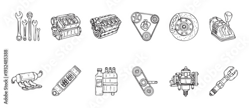 Set of common automotive components and repair tools for vehicle service and maintenance projects, ideal for mechanics, workshop diagrams, and educational illustrations.