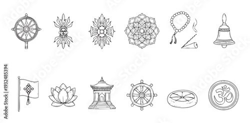 Hand drawn collection of Buddhist and Hindu spiritual symbols including the dharma wheel, lotus flower, Om sign, prayer beads, and temple for use in religious texts or mindful living