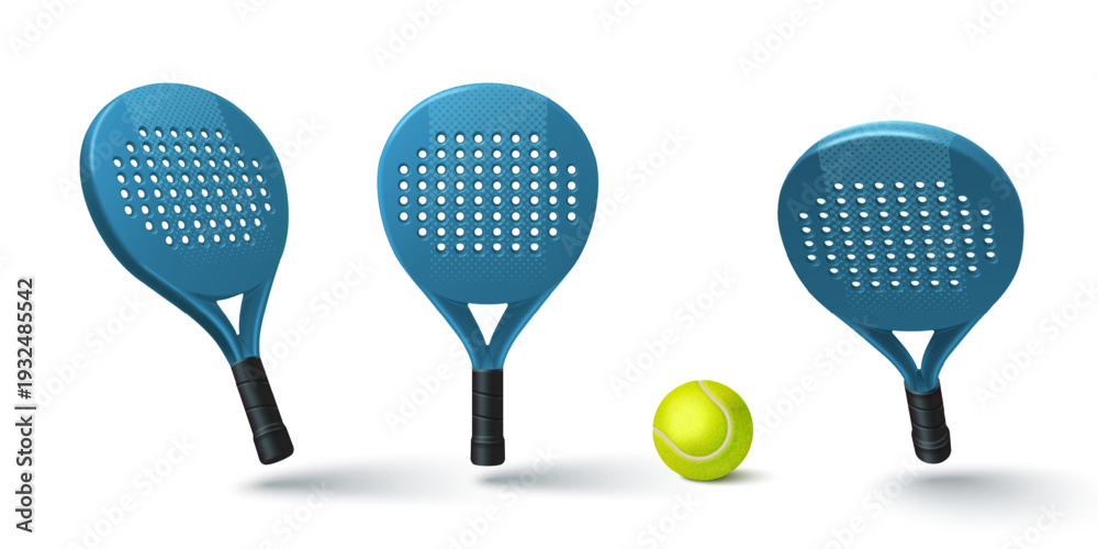Fototapeta premium Padel racket with yellow ball isolated on white background. Vector design elements, modern sport equipment, blue paddle tennis racquet illustration for tournament or championship banners, sports game