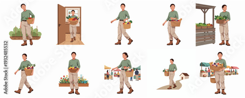 Detailed Cartoon Man Working From Home Activity Set Illustration