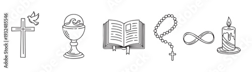 Outline style Christian spiritual symbols including the cross, dove, chalice, Bible, rosary, infinity sign, and candle, great for religious educational content and faith based publications.