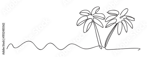 A simple continuous line drawing depicting two tropical palm trees on a wavy shoreline, perfect for travel promotions, vacation advertisements, or summery graphic elements