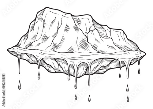Monochromatic line drawing showcasing a floating melting iceberg dripping water, suitable for educational content on glaciers, arctic environments, or the process of change.