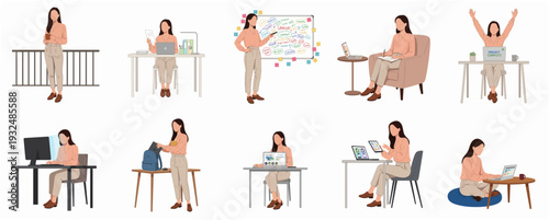 Flat Style Detail Young Woman Working and Activity at Home Office Set