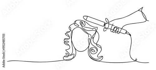 Professional hand using a curling iron to style wavy hair in a continuous line drawing, perfect for beauty salon advertising and hair care product promotions.