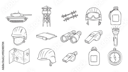 Comprehensive set of military and outdoor survival equipment such as a tank, watchtower, various helmets, binoculars, map, and compass for educational projects.