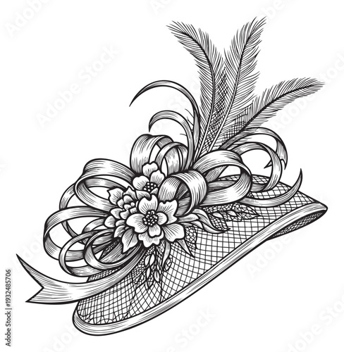 Elegant vintage style hat accessory with decorative feathers, ribbon bow, and flowers, ideal for invitations, celebratory event announcements, or decorative prints.