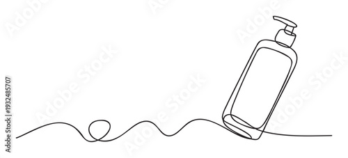 A continuous line drawing of a liquid soap dispenser pump bottle with a flowing wavy line, perfect for health, hygiene, or beauty product packaging and promotional materials.