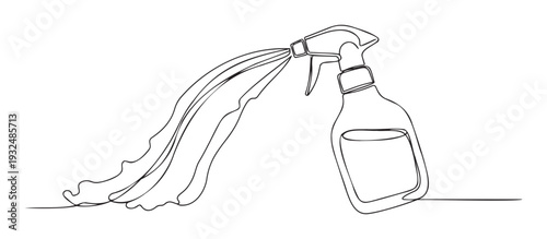 A single continuous line drawing capturing a spray bottle releasing a stream of liquid, perfect for home care advertisements, hygiene product branding, or minimalist decorative graphics.