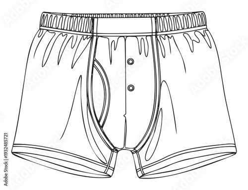 A simple yet detailed black outline drawing depicting comfortable mens boxer shorts, ideal for use in clothing guides, ecommerce listings, and fashionrelated educational materials.