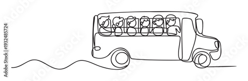 Continuous line drawing of a school bus transporting children to school, perfect for educational resources, childrens activity pages, or transportation themed graphic projects.