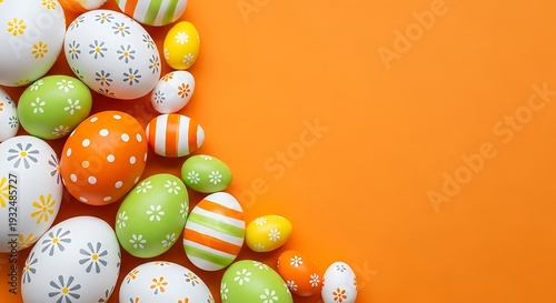 Assorted colorful easter eggs displayed on a vibrant orange background