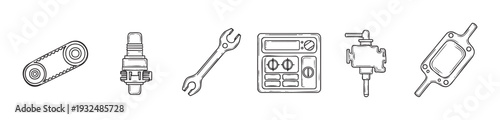 Various essential automotive components and specialized hand tools black outline sketches representing repair service workshop industry and maintenance repair guides