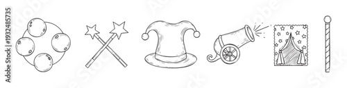 Charming handdrawn black and white circus and magic show iconography featuring playful performance props and entertainment symbols, suitable for event posters, party invitations, or youth