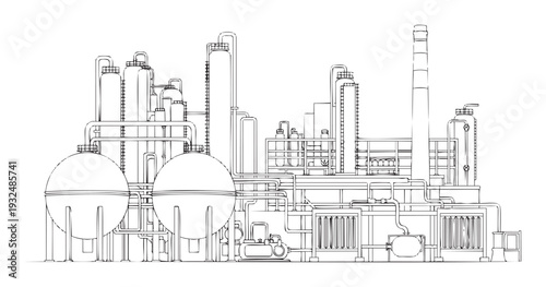 Detailed technical blueprint outline of a complex industrial chemical plant with interconnected pipes and storage tanks for engineering schematics and manufacturing presentations