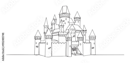 Simple black outline drawing of a majestic fairytale castle with numerous towers and a drawbridge, perfect for childrens coloring books, educational materials, or graphic design projects
