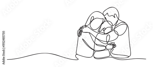 Continuous line drawing of a loving family embracing each other with warmth and tenderness, perfect for emotional connection and relationships in advertising and greeting products