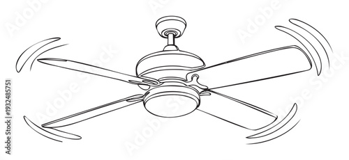 Line drawing of a modern four blade ceiling fan in motion providing cool air ideal for home decor blogs and energy efficiency articles