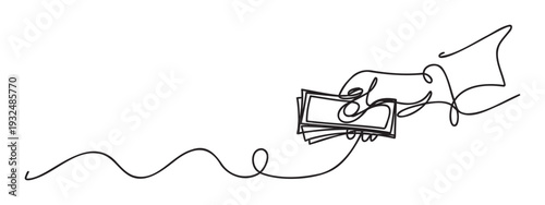 Continuous line drawing of a hand holding banknotes representing financial transactions, money exchange, or payment concepts for business presentations and economic reports